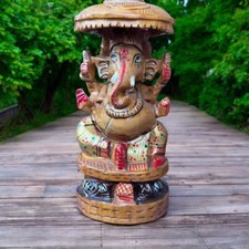 5" Wooden Painted Seated Ganesh Murti Statue