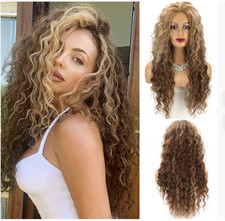 Long Afr Curly Highlight Blonde Brown Mix Synthetic Hair Wigs Women Soft Natural