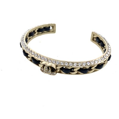 CHANEL Coco Mark Rhinestone Bangle Metal Gold Black B23P Women's Jewelry