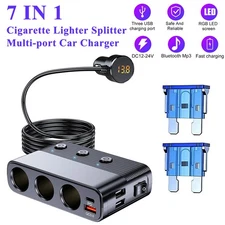 7 in 1 Cigarette Lighter Splitter 3 Socket Car Charger Adapter Plug 12V/24V