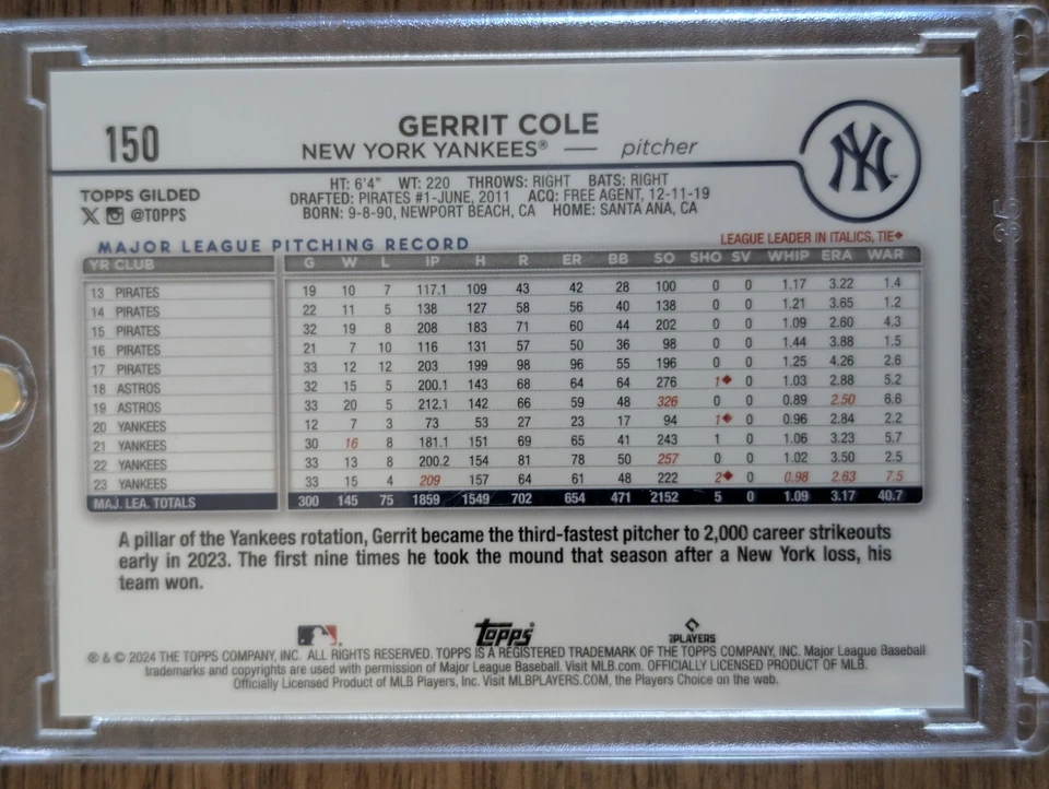 2024 Topps Chrome Gilded Collection - Gerrit Cole Gold Mini Diamond 33/50 - Image 2 of 2