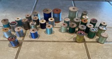 Vintage Lot 33 Wooden Spools Thread various Greens And Blues Coats Clark's Etc