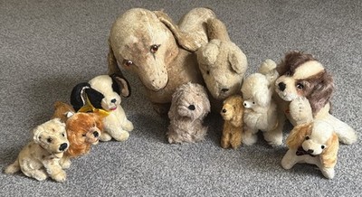 Lot 10 VTG Some Steiff Mohair / Plush Dogs Dalmatian, SpanielsPoodle 4-12  CUTE!