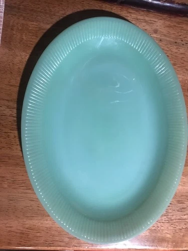 Vintage Fire King Jane Ray Jadeite 12” Oval Ribbed Platter - Unmarked