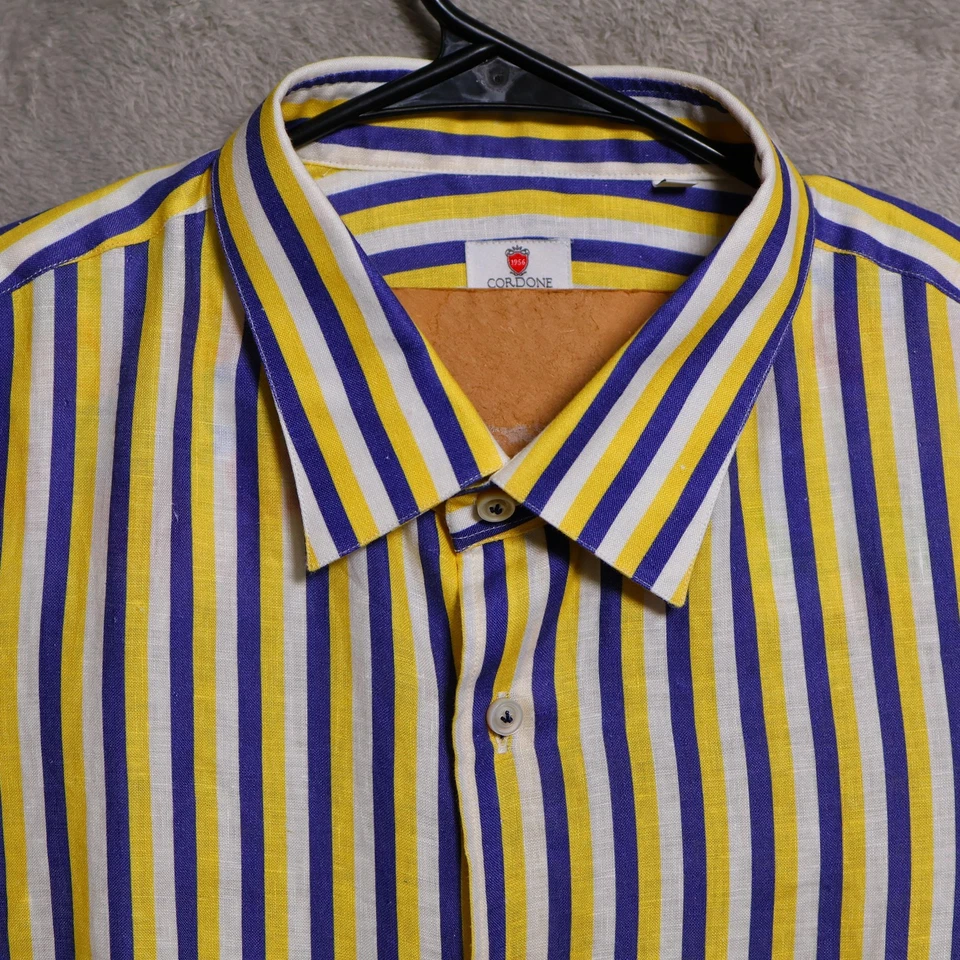 Cordone Shirt Mens 18 45 Yellow Blue Stripe Linen Long Sleeve Made in Italy - Image 2 of 4