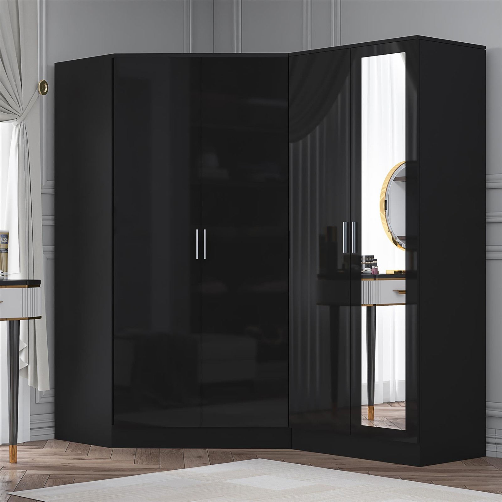 REFLECT 2 Door Corner + 2 Door Mirror Wardrobe - Black High Gloss/Black Oak Matt