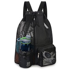Swim Bag Mesh Drawstring Backpack with Wet Pocket for Swimming, Large Black