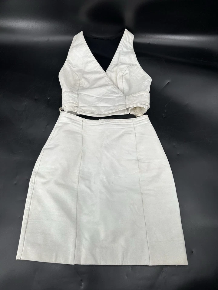 Conjunto de minifalda vintage Wilson’s de cuero blanco halter top motociclista para mujer XS Foto 4 de 4