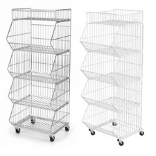 4/5 Tier Stackable Wire Baskets on Wheels Rolling Food Storage Bins Retail Shop