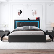 Full/Queen Upholstered Bed Frame with LED Charging Headboard, 4 Drawers