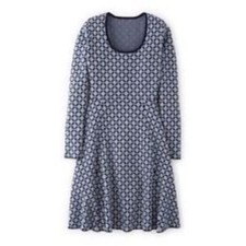 NEW Boden Blue Metallic Lurex Cotton Knit Fit Flare Geo Print Sweater Dress 16R