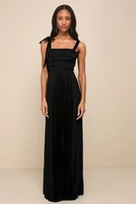 Lulus Gorgeous Purpose Satin Pleated Sleeveless Bow Maxi Dress Black M