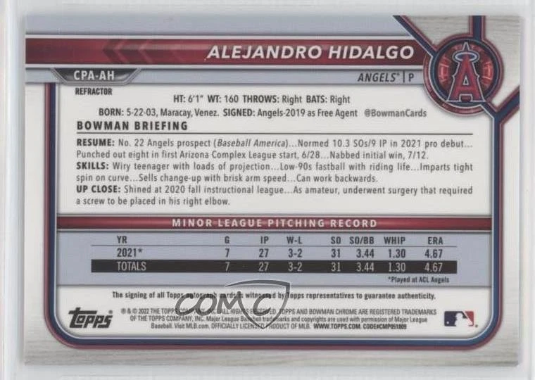 2022 Bowman Chrome Prospect Refractor 34/499 Alejandro Hidalgo #CPA-AH Auto - Image 2 of 3