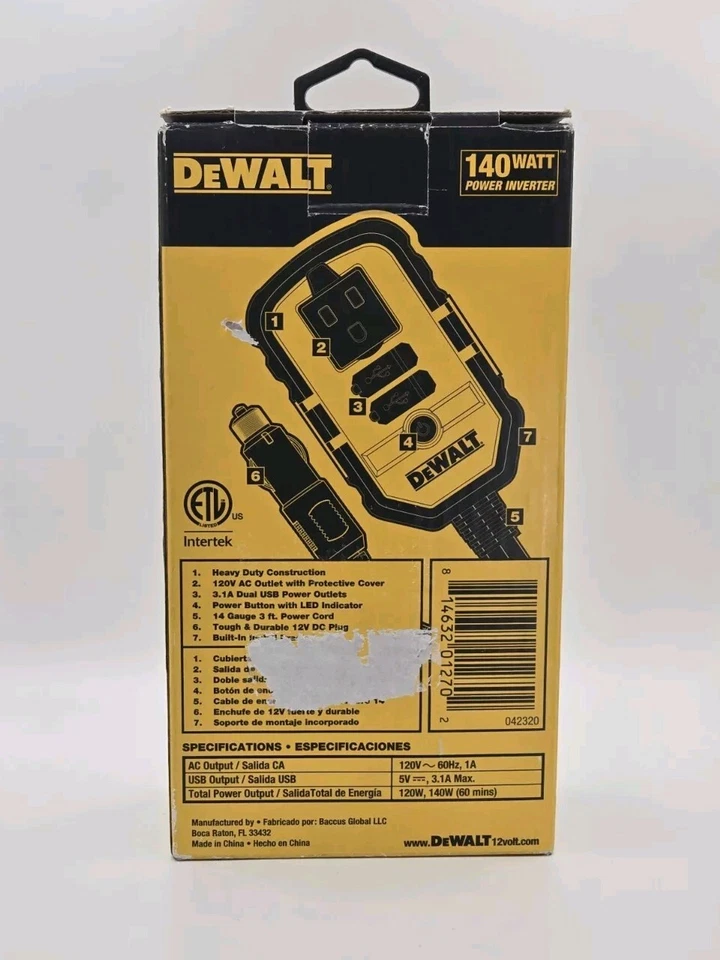 DeWALT DXAEPI140 Power Inverter 12VDC, 120VAC, 140 WATT - Image 3 of 4