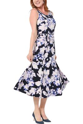 Nina Leonard Sylvia Printed Sleeveless Midi Dress Navy Multi | eBay