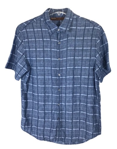 Perry Ellis Linen Cotton Blend Shirt Men's M Blue Plaid Short Sleeve ...