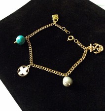 ANCIEN BRACELET BRELOQUE CHARMS PLAQUÉ OR, TURQUOISE PERLE ÉMAUX