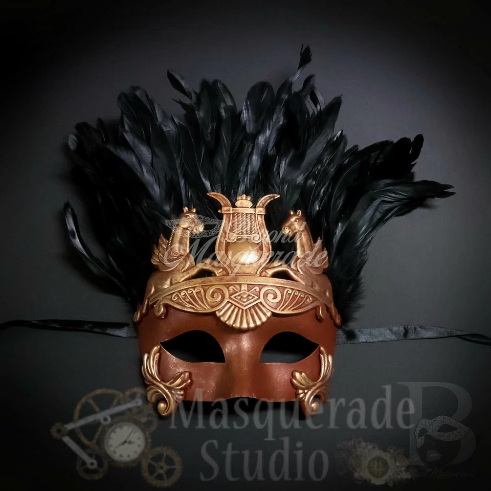 Mens Hercules Roman Warrior Feathered Venetian Masquerade Mask [Red/Gold] - Image 2 of 4