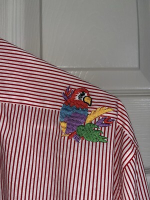 Vintage Infinity Fashions Red Stripe Shirt Embroidered Parrots Xl