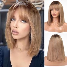 Ombre Brown Wig with Bangs 100 Human Hair Wigs for Women Bob Wig Daily Use