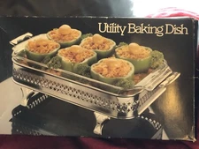 Gemco Royal Chrome Plated Utility Baking Dish 11x7” Glass With Aluminum Stand 