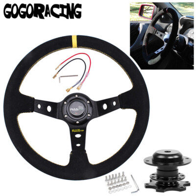 JDM 345mm Deep Dish Racing Suede Alloy Steering Wheel with Quick Release Adapter