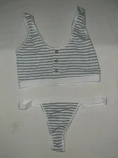 Romwe striped ribbed button front bralette & thong panties set S gray/white nip