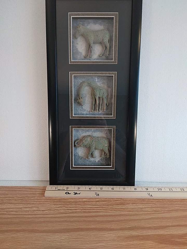 Animales de safari colgante de pared enmarcado Art Deco 17" X 8" elefante, jirafa y cebra Foto 4 de 4