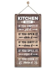 Hanging Kitchen Rules Wood Decor Sign, Rustic Kitchen Wooden Signs, Printed Wood