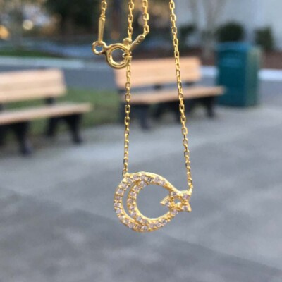 Sterling Silver Necklace 925k-Star & Crescent Turkish Gold Plated Pendant Chains