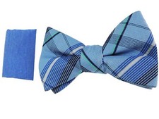 Alfani Men's Max Plaid Pre-Tied Bow Tie Solid Blue Pocket Square