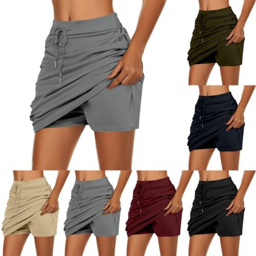Womens Solid Tennis Skirt Athletic Drawstring Skorts Built in Shorts with Pocket