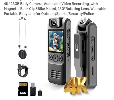 4K Body Camera with Audio and Video Recording, 128GB Mini Wearable Cam