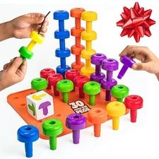 Skoolzy Peg Board Set - Montessori Toys for 2 Year Old - 33 Pc Plastic Peg Board
