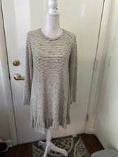 Chris & Carol women Striped Long Sl modest knit Dress  Ruffle Hem Sz M tan multi