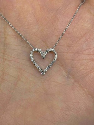 0.80Ct Round Cut Real Moissanite Open Heart Pendant 14K White Gold PLated Chain