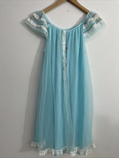 VTG Union Made Nylon Lace Babydoll Gown Blue Flutter Sleeve Small Lingerie