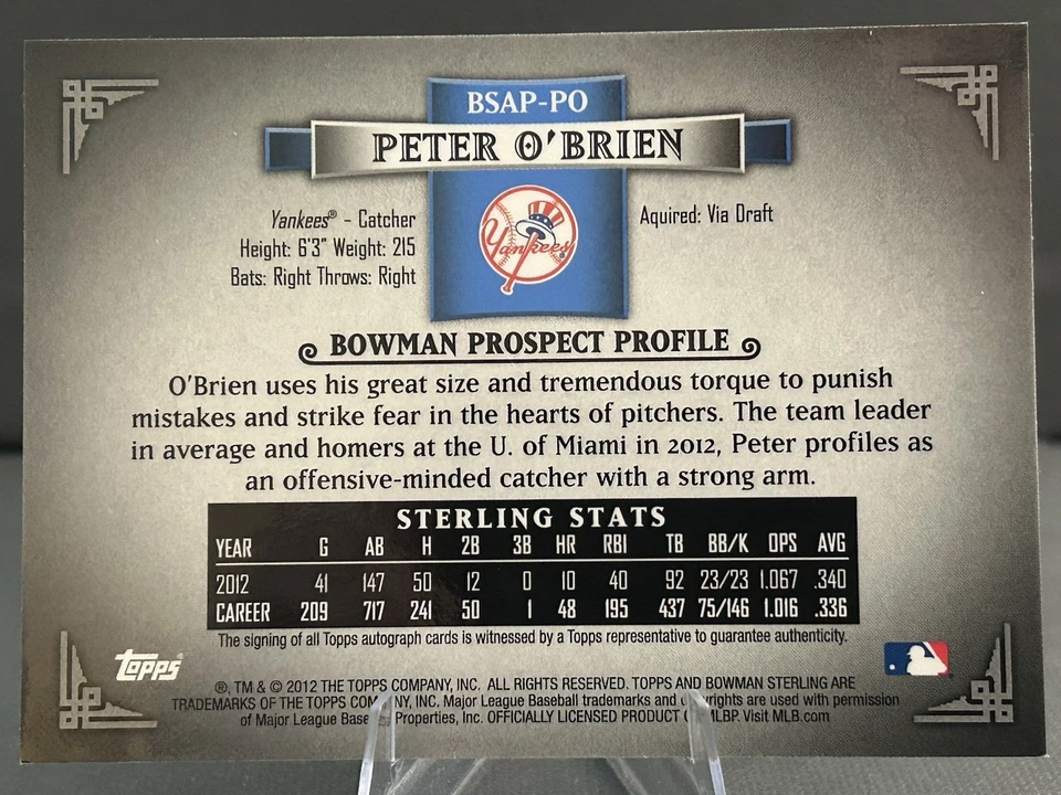 PETER O'BRIEN 2012 BOWMAN STERLING YANKEES PROSPECT ON CARD AUTO RC - Image 2 of 2