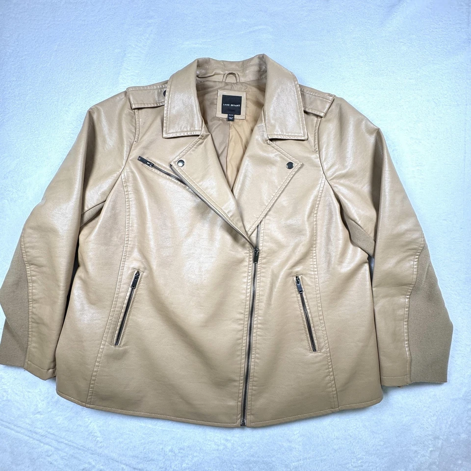 Chaqueta Lane Bryant para mujer 22/24 cuero sintético tostado motociclista Asym cremallera talla grande Foto 4 de 4