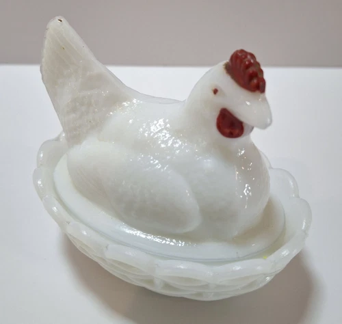 Vintage Westmoreland Milk Glass Hen on Nest Red Comb & Wattle 2 PC Dish 3 1/2"