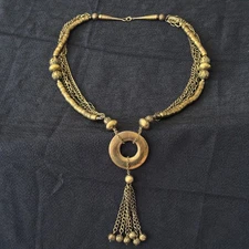 VNT Lariat Serpentine Tribal Statement Necklace Gold Multi Strand Tassel    