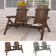 Wood Patio Chair Bench 2 Seats w/ Centre Coffee Table, Garden Bench