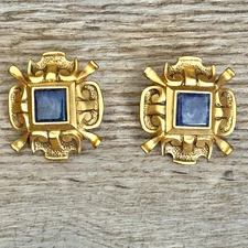 MFA Museum Of Fine Arts Ornate Clip On Earrings Brushed Gold Tone Blue Stone