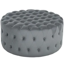 Button Tufted Ottoman Foot Stool with Velvet-feel Upholstery, Dark Gray
