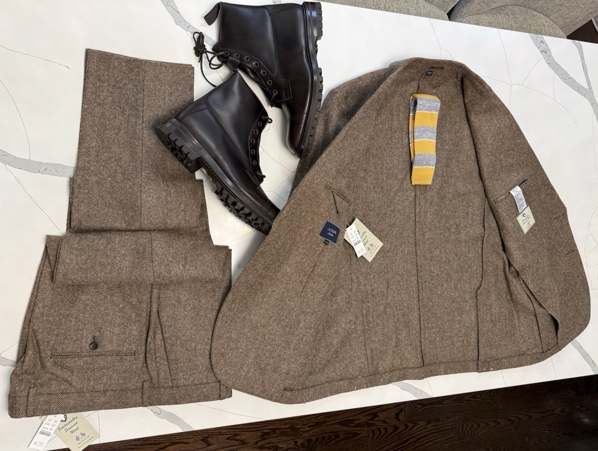 J Crew Herringbone Tweed 42R/36Wx32L SLIM FIT SUIT - COTTON & WOOL