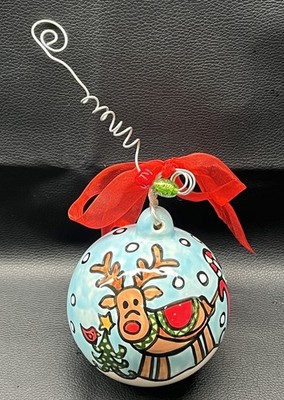 GLORY HAUS Reindeer Sleigh Porcelain Christmas Holiday Ornament Hand Painted