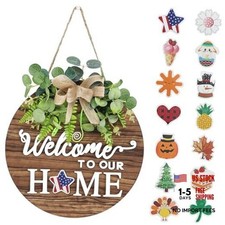 Interchangeable Seasonal Welcome Sign Front Door, Rustic Round Wood Brown