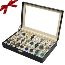 24 Slots Watch Box PU Leather Watch Case Organizer Watch Display Case Lockable !