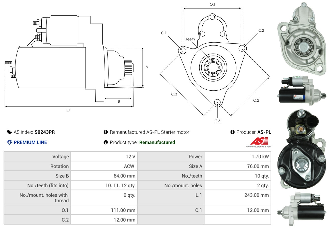 ✅Fits AS ROZRUSZNIKI I ALTERNATORY S0243PR REMANUFACTURED AS-PL STAR ⭐UK Seller⭐