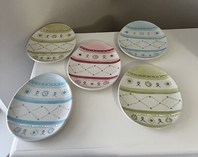 Pottery Barn | 5 PC Easter 8'' Egg Plate Set Embossed Pink Blue Green | Dessert